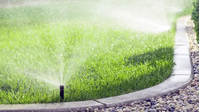 An automatic sprinkler waters a vibrant green lawn, with a curved concrete border and a pebbled edge on a sunny day.