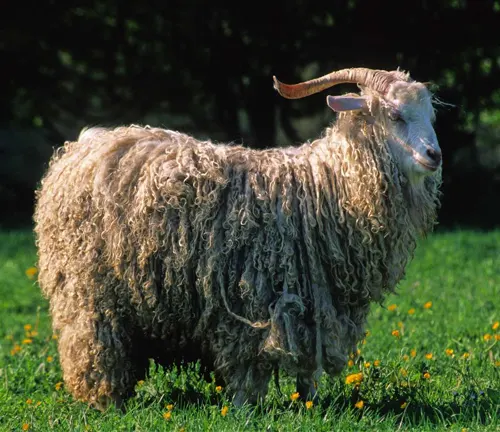 Angora goat with long, curly fleece standing in a field dotted with yellow flowers