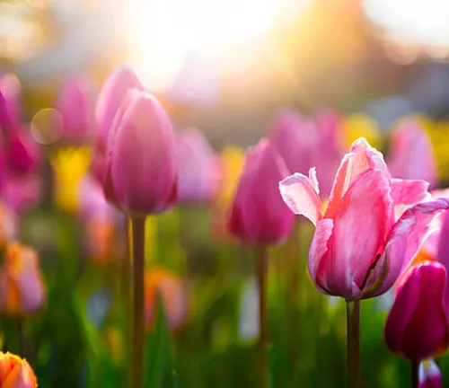 A field of pink and purple tulips bathed in warm sunlight with a soft-focus background.