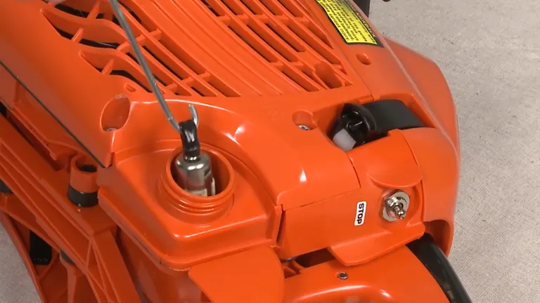 Close-up of an orange mechanical device with vents, screws, a black cable, a yellow warning label, and a fuel cap