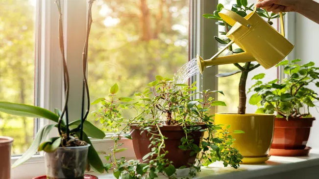 Watering indoor potted plants on a sunny windowsill with a yellow watering can