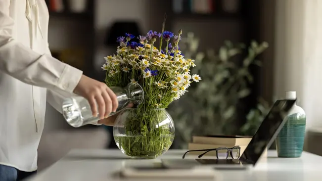 Person watering a vase of fresh wildflowers