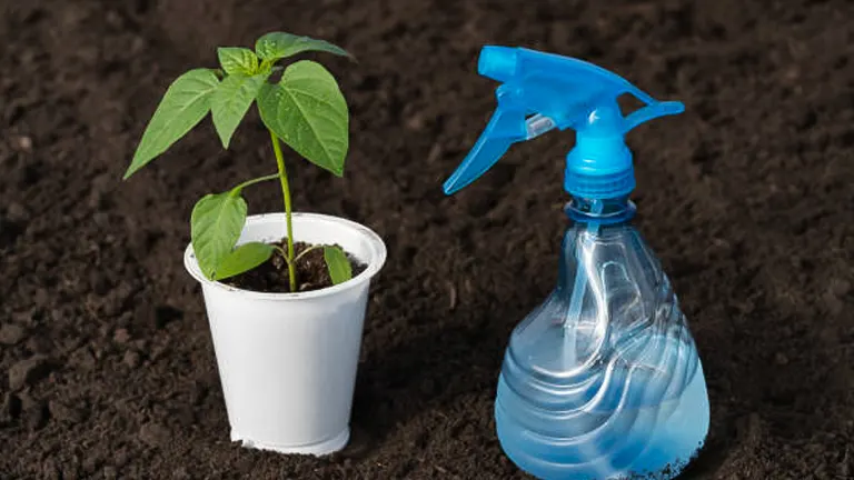 A small green plant in a white pot next to a blue spray bottle on rich, dark soil.