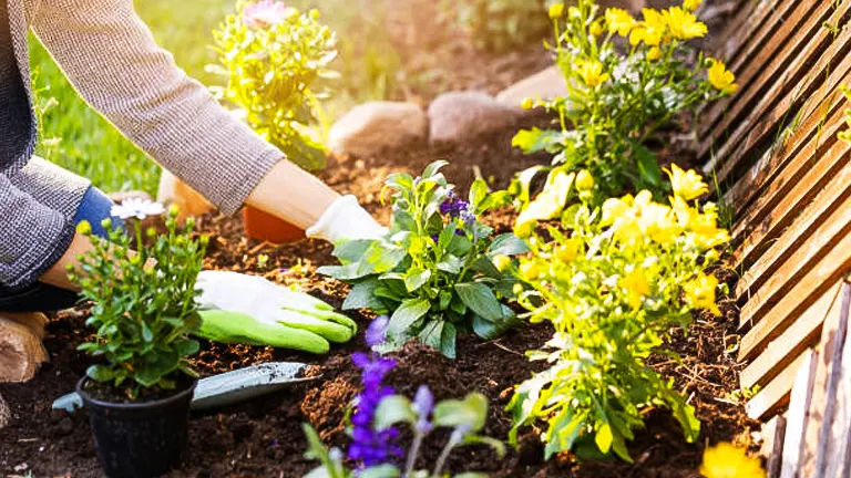 Hands planting flowers in a sun-drenched garden bed with colorful blooms.