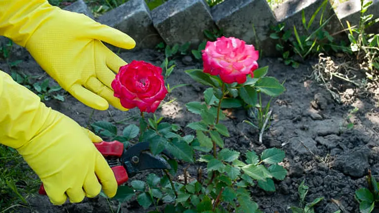 Hands in yellow gloves pruning a bright pink rose bush in a garden bed.