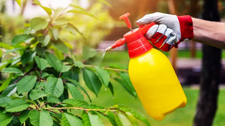 A person's gloved hand is spraying leaves of a plant with a yellow and red pressure sprayer in a garden, suggesting plant care or pest control.