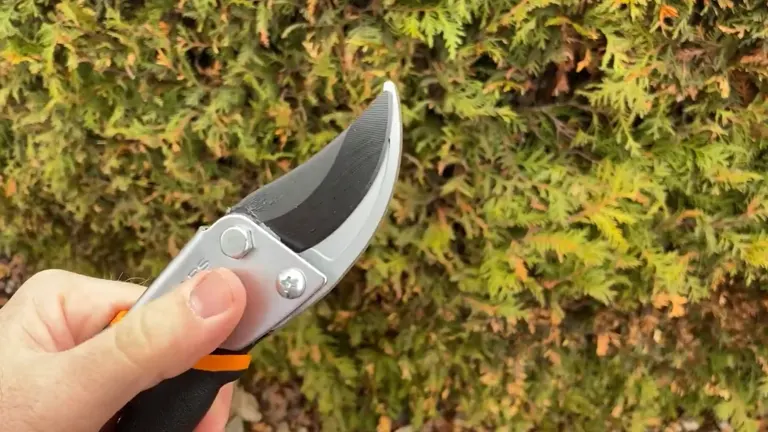 A close-up of a hand holding a pair of Fiskars Pruning Shears with partially opened blades, against a backdrop of dense green foliage.
