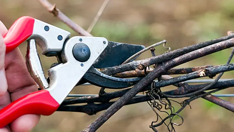 Hand holding red and silver pruning shears cutting through a cluster of thin, tangled branches.