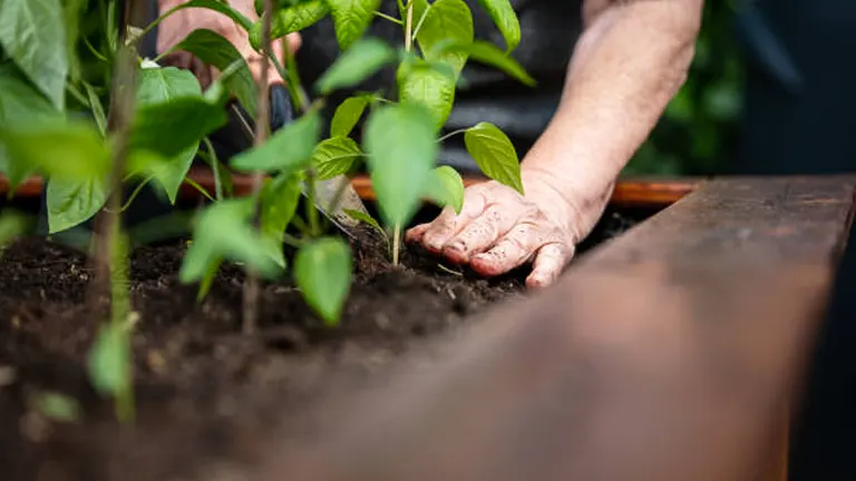 Person tending to healthy young plants in a raised garden bed