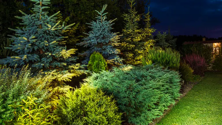 A well-maintained garden at dusk featuring a variety of conifers and shrubs with accent lighting highlighting the plants against the evening sky.