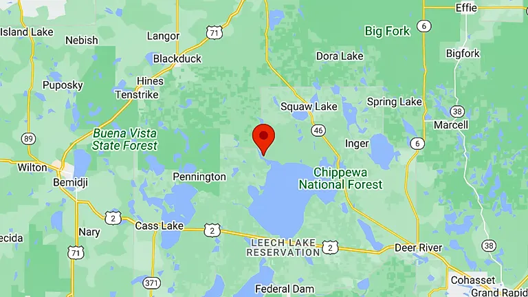 A map screenshot showing a marked location near Leech Lake Reservation, surrounded by Chippewa National Forest, with nearby towns including Bemidji and Cass Lake, Minnesota.