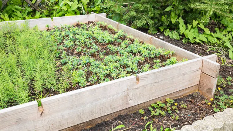Cedar wood raised garden bed filled with growing plants in a lush garden setting