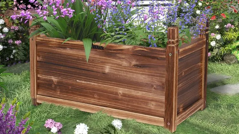 Pine raised garden bed filled with soil and plants, surrounded by a vibrant garden