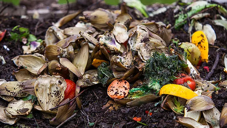 Close-up of a compost pile with a variety of organic waste, including vegetable peels, fruit scraps, and eggshells, decomposing on rich soil.
