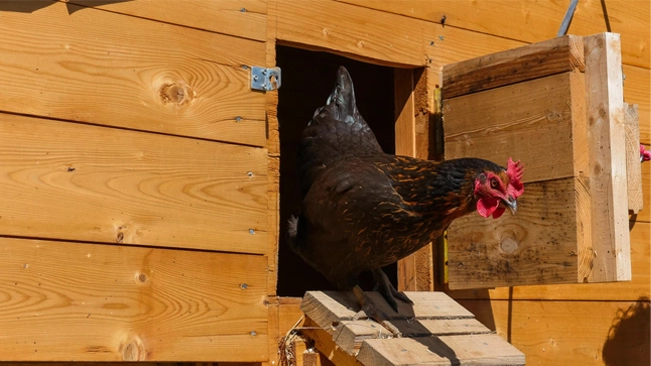 A chicken going outside the coop
