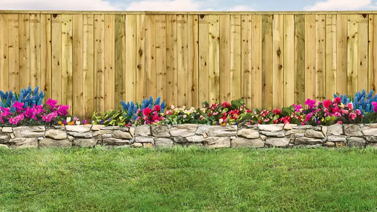 A wooden privacy fence standing behind a vibrant flower bed lined with stone, set against a lush green lawn.