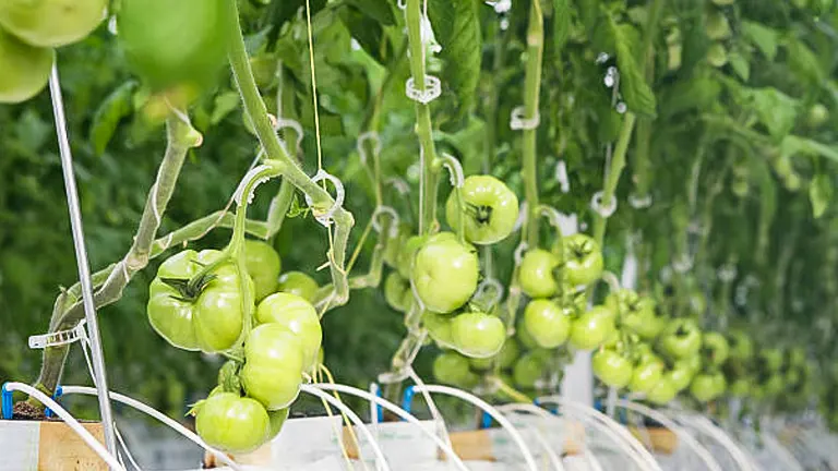 Clusters of unripe green tomatoes growing on vines supported by strings in a greenhouse environment.
