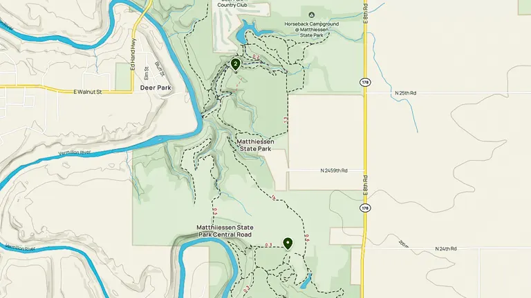 Map screenshot showing a section of Matthiessen State Park near Oglesby, Illinois, with marked trails and points of interest, including a Horseback Campground, adjacent to the Vermillion River.