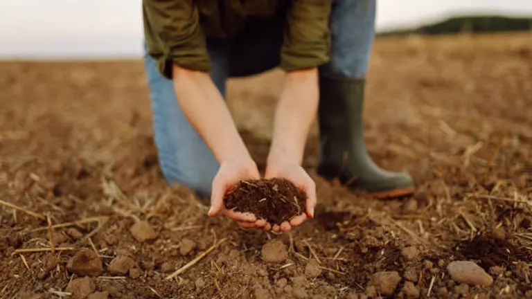 Close-up of a person's hands cupping rich, dark soil with a backdrop of a tilled field and a pair of green rubber boots, conveying a sense of agriculture or gardening.