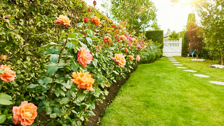 A sunlit garden path lined with vibrant orange and pink roses, leading to a white garden gate, with lush green grass and hedges under a clear sky.