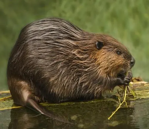 A Eurasian Beaver sitting on the ground in the grass.