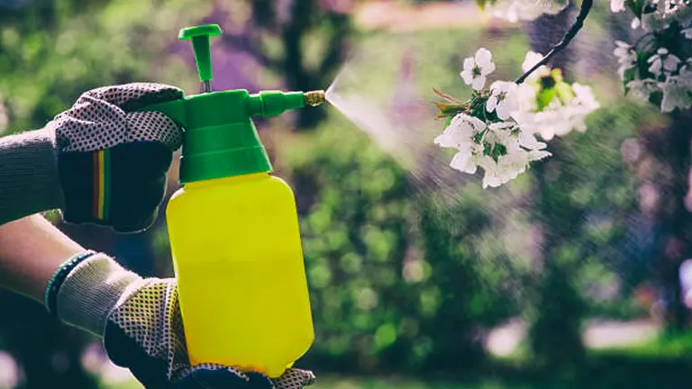 Hands in gardening gloves using a yellow spray bottle to mist water on blooming white flowers.