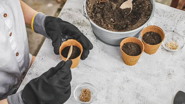 A person wearing gloves is planting seeds in a biodegradable pot with soil on a concrete surface.