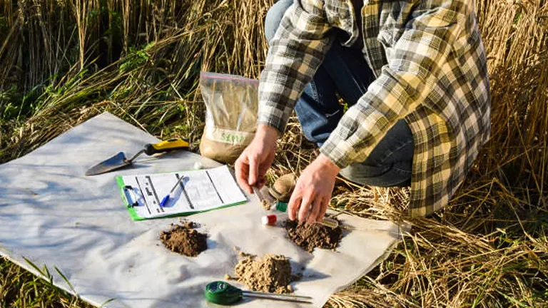A person in a plaid shirt and cap is examining soil samples on a white sheet next to a clipboard, pen, and a measuring tape, with a backdrop of dry tall grass.