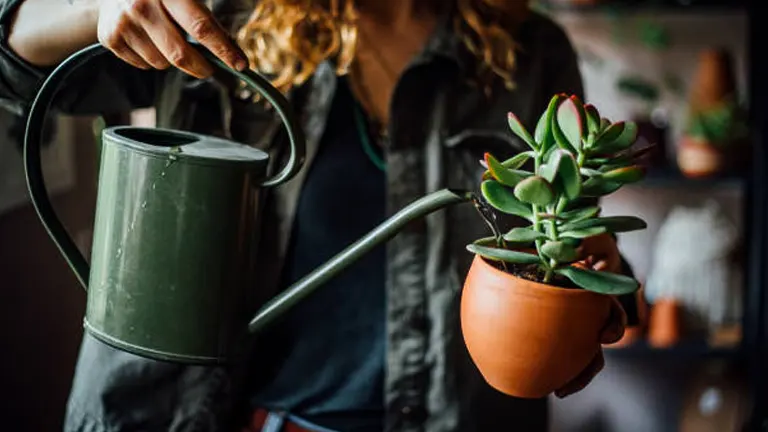 A person in casual clothing holding a green watering can and about to water a succulent plant in a terracotta pot