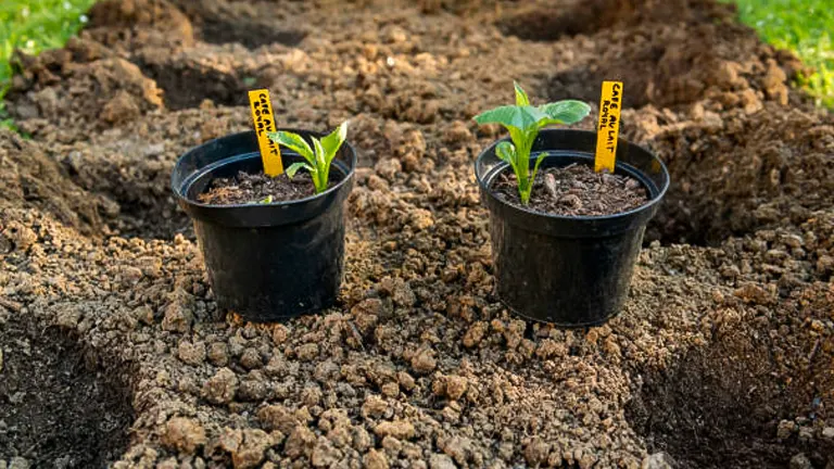 Two young plants in black pots with yellow labels, ready to be planted in dug holes in a garden with rich brown soil.