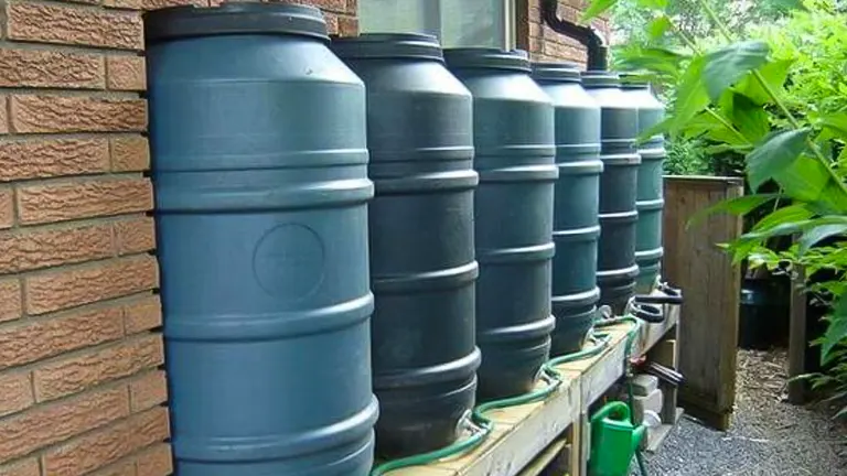 A row of grey rain barrels lined up against a brick house with gardening equipment stored alongside.