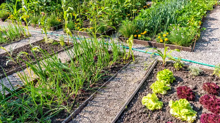 Alt text: "An array of neatly organized garden beds in full sun, featuring rows of onions, lettuce, and various greens, with a watering hose extending along the path