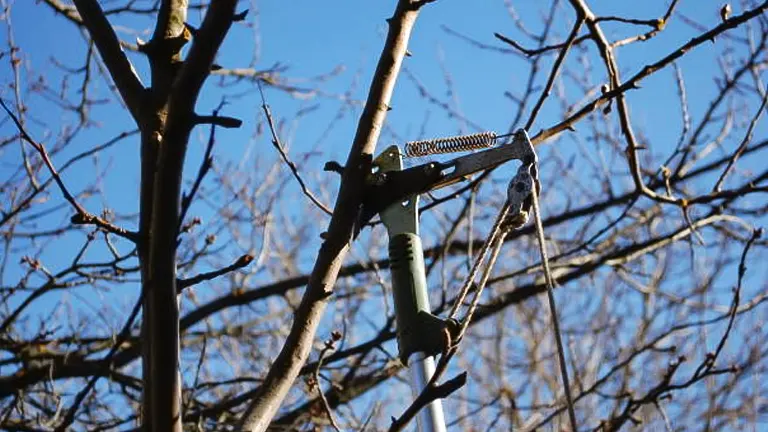 A long-handled tree pruner with a cutting blade and saw attachment trimming higher branches against a clear blue sky backdrop.