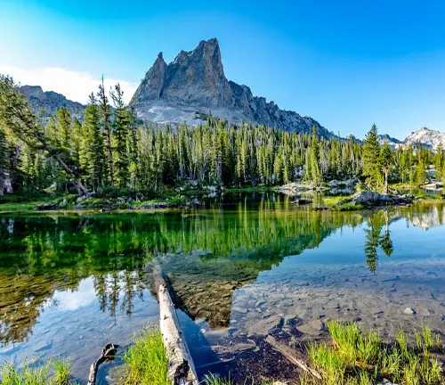 Crystal clear alpine lake reflecting a rugged mountain peak and surrounding forest under a bright blue sky.