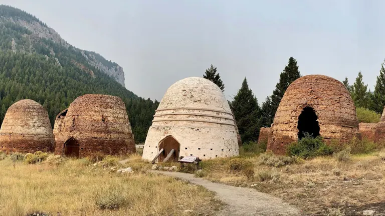 Panoramic view of historical beehive-shaped charcoal kilns made of bricks, with a forested mountain in the background, suggesting a remote, rustic location.