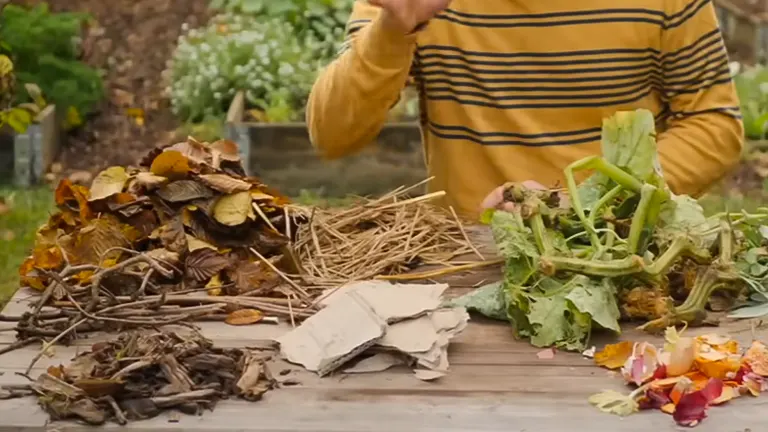 An assortment of compost materials spread on a table, including dry leaves, straw, twigs, cardboard, vegetable scraps, and grass clippings, with a person in a striped shirt visible in the background.