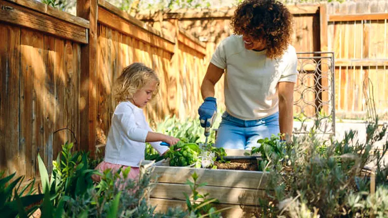 An adult with curly hair and a child are gardening together in a raised bed with a wooden fence in the background.