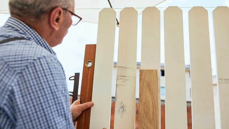 A man examining a wooden fence picket with a level tool to ensure it is perfectly vertical.

