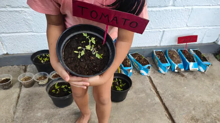 A barefoot child holding a pot with young tomato plants, with a handmade label reading "TOMATO" attached to the pot, standing in front of a wall with various other small plants in containers on the ground.