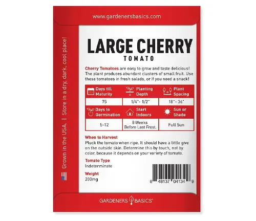 A red seed packet for Large Cherry Tomato from Gardeners Basics, featuring growing instructions, such as days to maturity, planting depth, and spacing requirements, with a barcode and the company's website listed.
