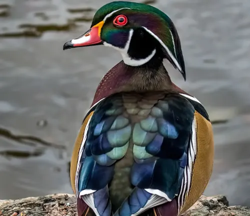 Wood duck by James Kennedy - A colorful bird with a distinctive crest, vibrant plumage, and a unique pattern on its wings.