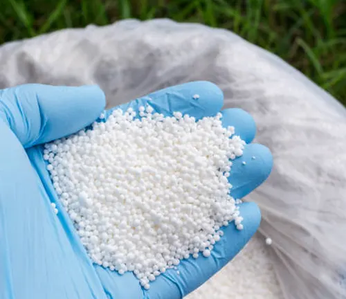A gloved hand holding a palmful of white, round granular fertilizer against a background of a large open bag and green grass.
