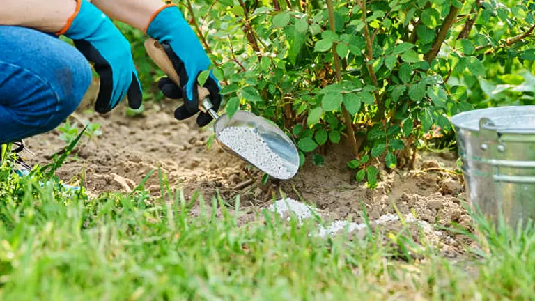 A person wearing blue jeans and blue gloves is gardening, using a hand trowel to dig near a lush green bush with a metal bucket nearby, on a sunny day.