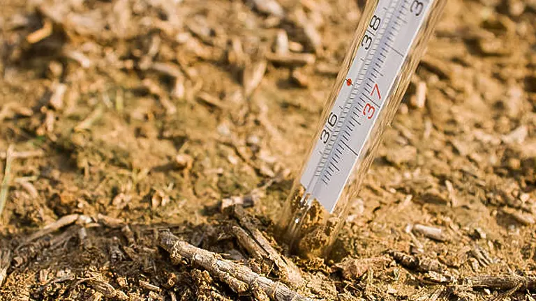 A thermometer inserted into dry, cracked soil, indicating a high temperature, highlighting environmental conditions likely related to heat and drought.