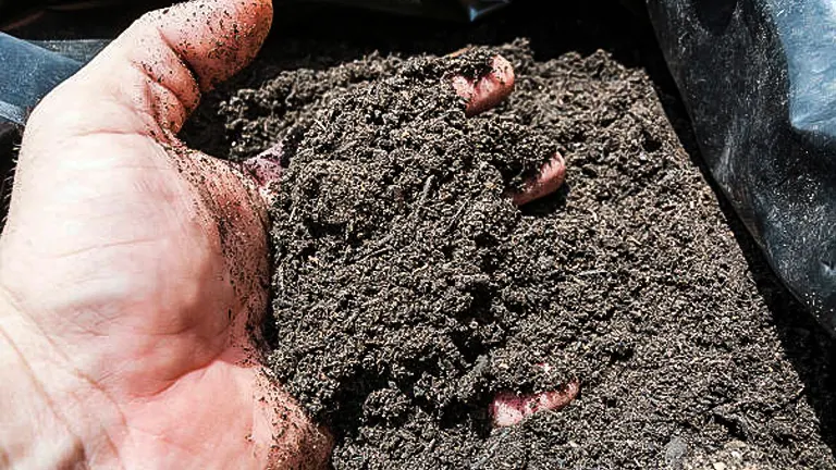A close-up of a person's hand with dirt-stained fingers, holding a handful of rich, dark soil.