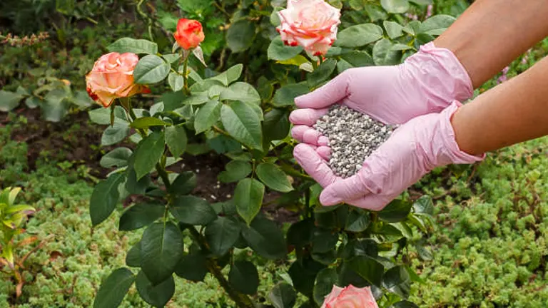 Hands clad in pink gloves gently holding chemical fertilizer near a rose bush with blooming pink roses, indicating gardening work in progress.