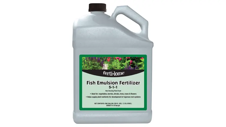 A jug of ferti-lome Fish Emulsion Fertilizer with a label indicating a 5-1-1 nutrient ratio, suitable for vegetables, berries, plants, trees, and flowers.
