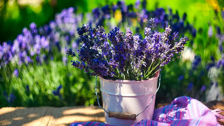 Freshly picked lavender bouquet in a white bucket on a plaid cloth with a blurred garden background.