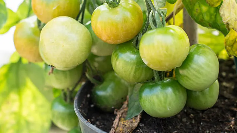 Cluster of green tomatoes growing on a vine in a black pot, with a focus on ripening fruits and lush foliage.