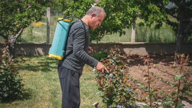 An elderly man attentively caring for rose bushes in a garden, wearing a gray jacket and trousers, with a blue and yellow backpack sprayer.